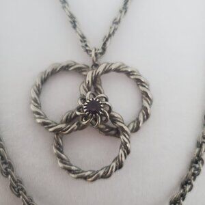 Entwined Rope Circles Trinity Knot Necklace on Double Chain Centre Purple Stone